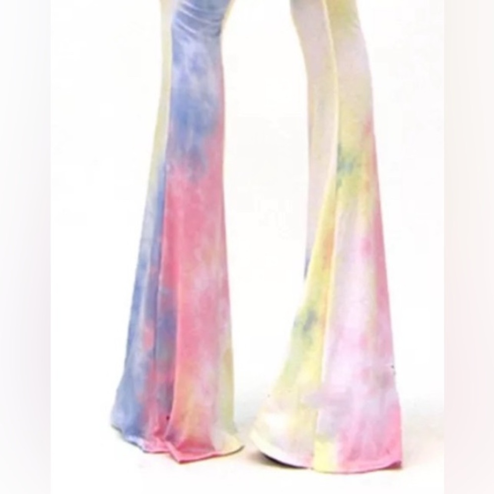 Pink rainbow 🦄 kawaii tie dye bell bottoms pants festival rave pastel flared new